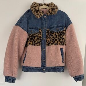Forever 21 Pink and Denim and Faux Fur Pink and Leopard Accents Jacket-